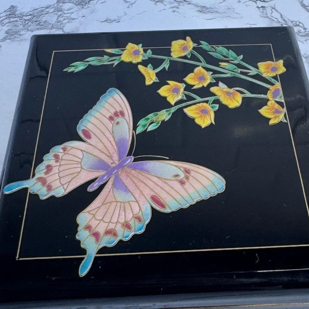 San Francisco Music Box Company Black Butterfly Floral Lacquer Jewelry Box